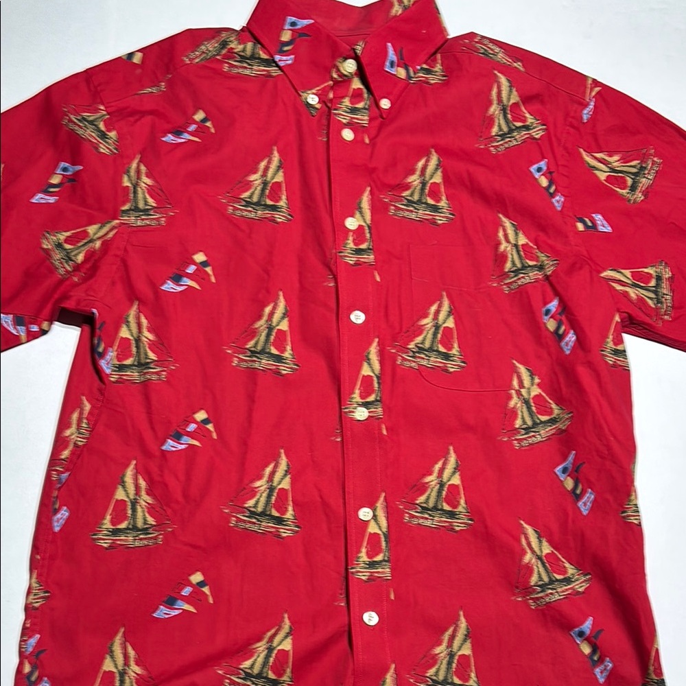 Roundtree & Yorke Red Nautical Casual Button Down Shirt Men’s Medium